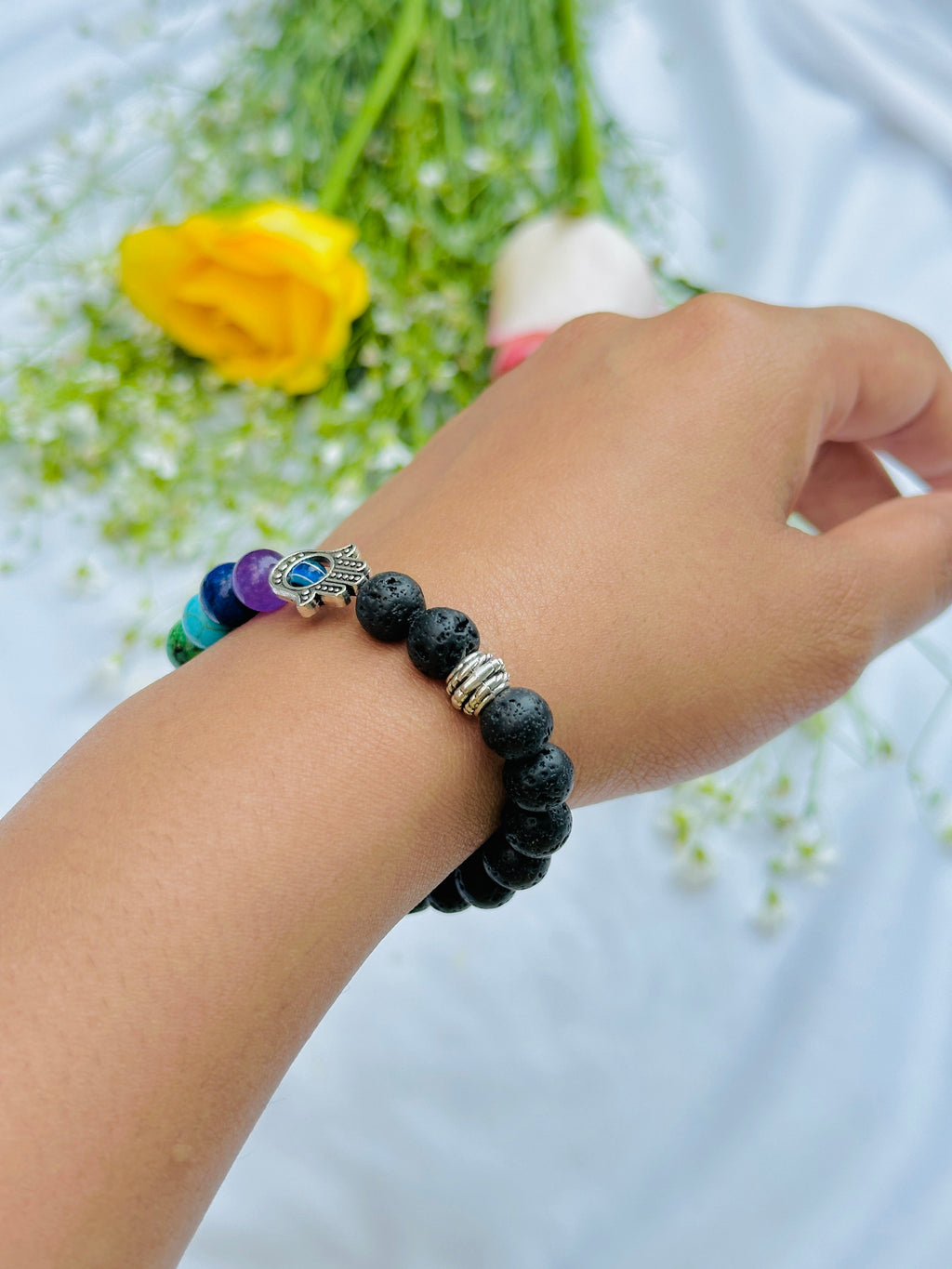 Evil Eye Protect: Seven Chakra with Lava Stone Bracelet
