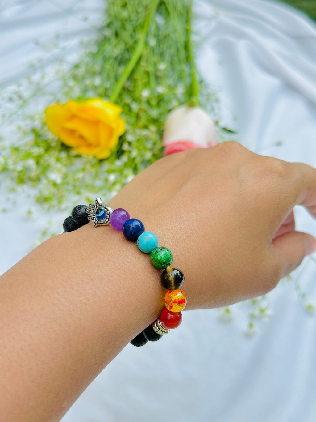 Evil Eye Protect: Seven Chakra with Lava Stone Bracelet