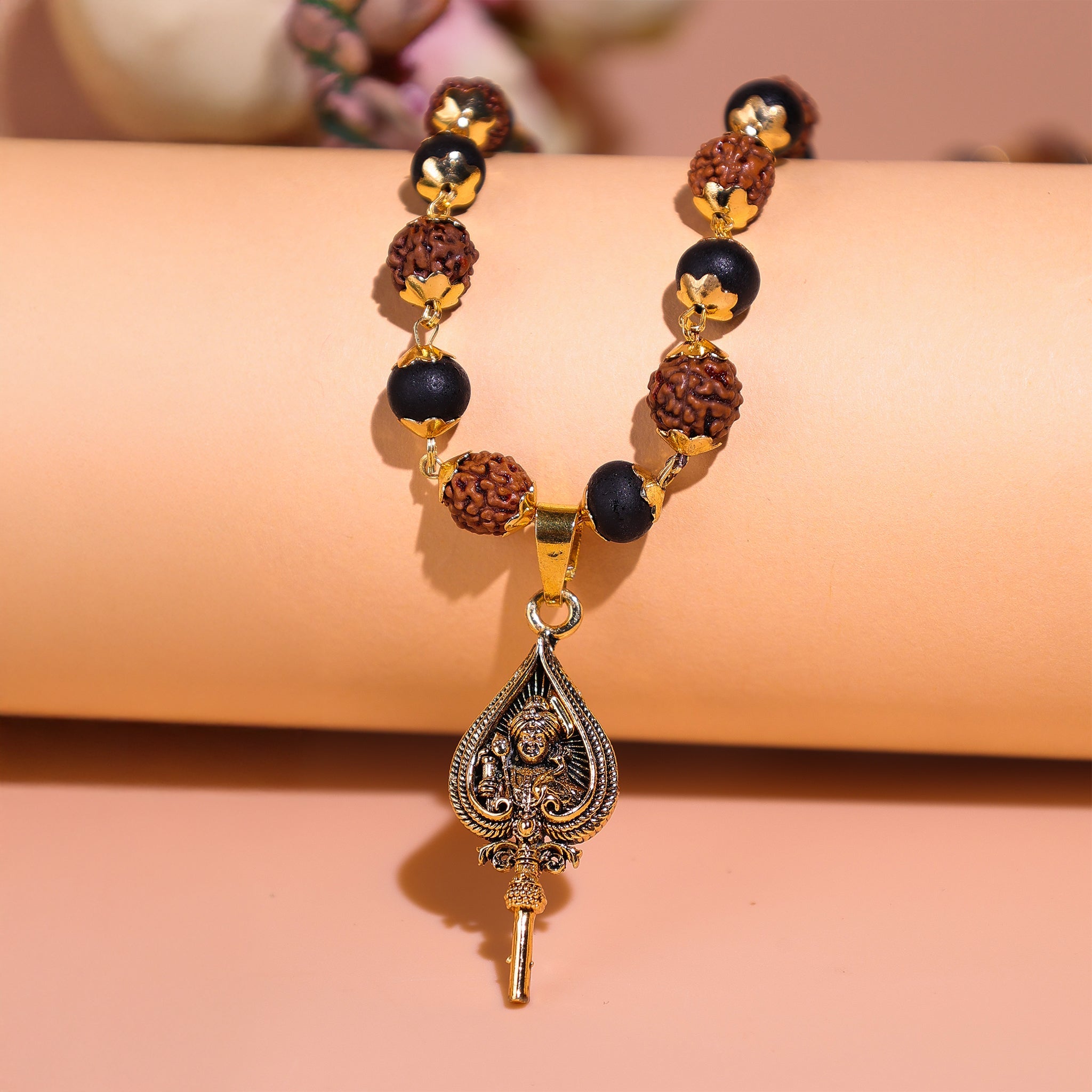 Golden Karungali Rudraksha Mala Murugan Trishul