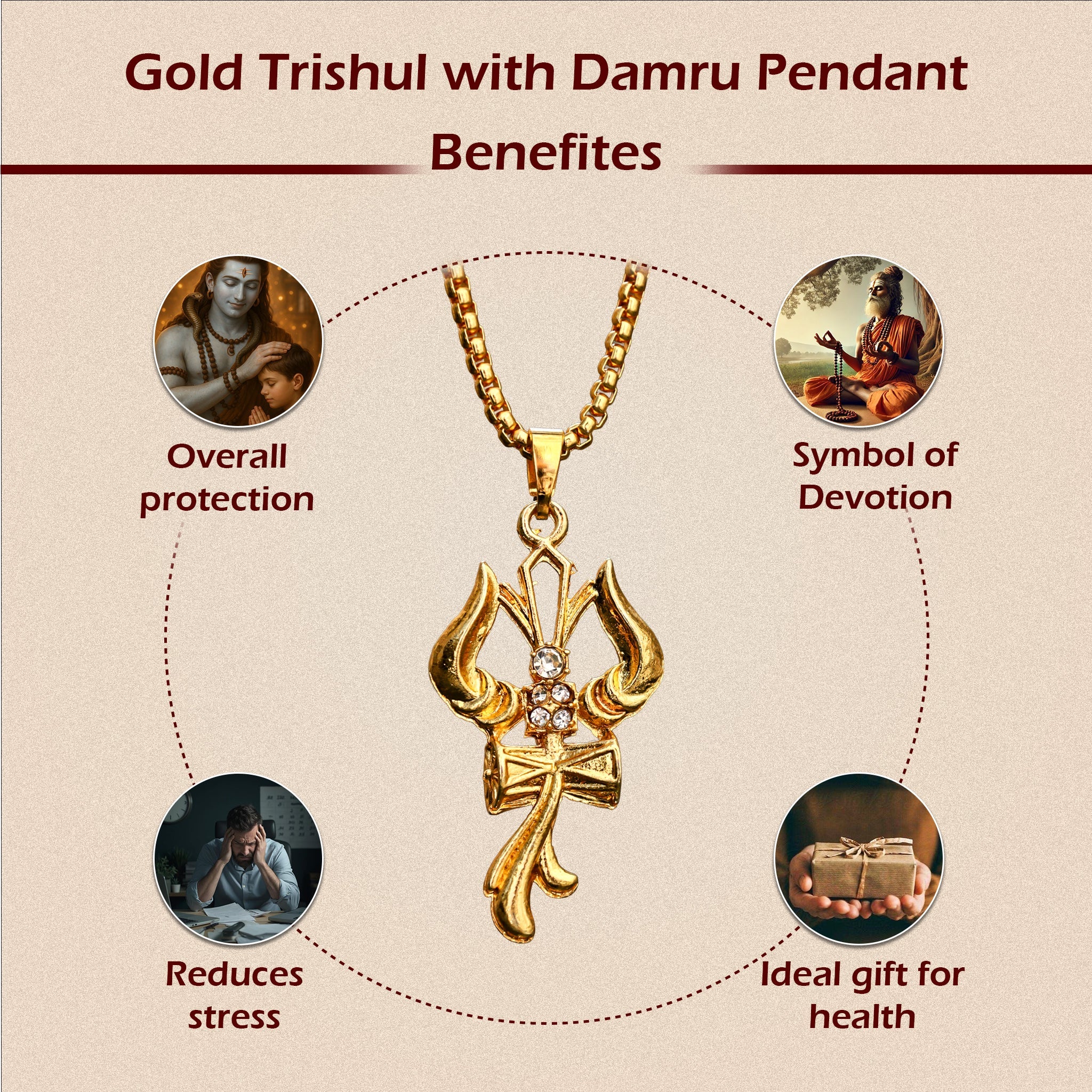Gold Trishul with Damru Pendant